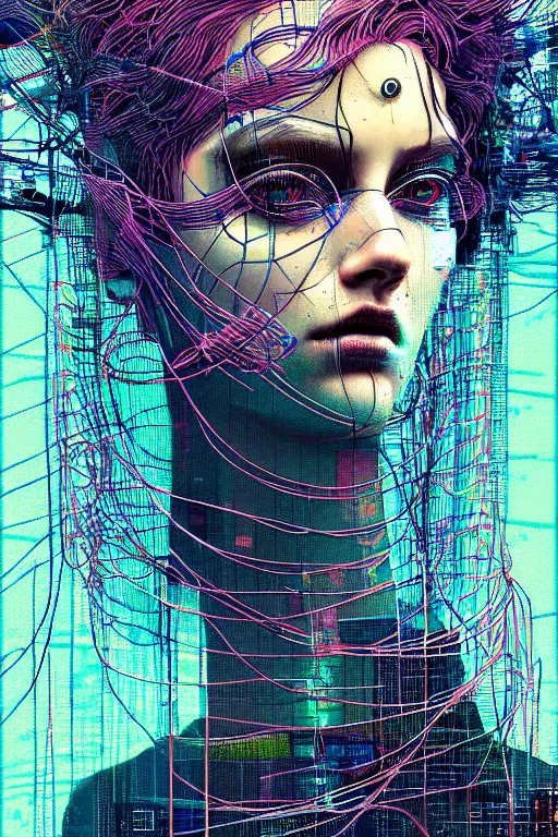 Image similar to dreamy cyberpunk girl, abstract wire clothes, digital nodes, beautiful woman, detailed acrylic, grunge, intricate complexity, by dan mumford and by alberto giacometti, peter lindbergh, zac retz