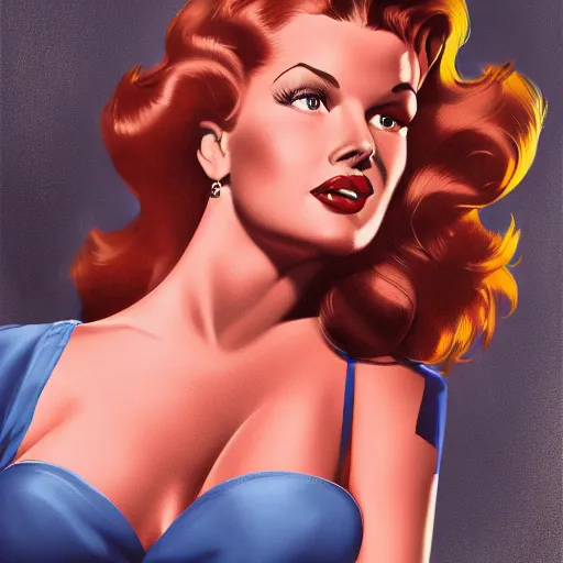 Image similar to rita hayworth, pinup, in the style of alex ross, 2 d, 4 k, unreal, intricate, digital painting, highly detailed, artstation, sharp focus, illustration,