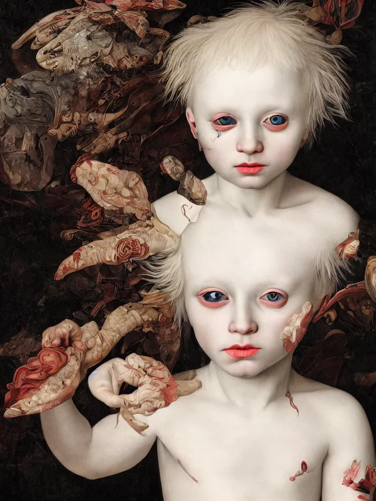 Image similar to Detailed maximalist portrait of a stunning albino child with cracked porcelain skin, dark piercing eyes, a small discrete mouth, HD mixed media, 3D collage, highly detailed and intricate, surreal illustration in the style of Caravaggio, dark art, baroque