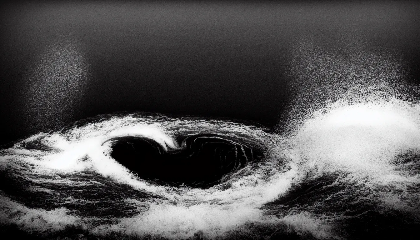 Image similar to void, whirlpool in the middle of the lake, waves, dark, atmospheric, scary, claustrophobic, ambient vibe, very detailed, black and white, 4 k