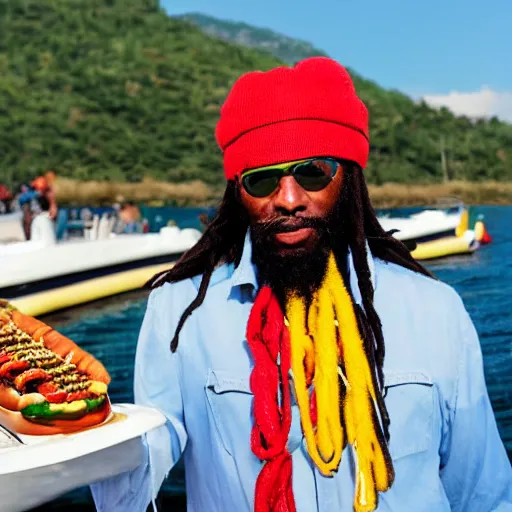 Prompt: rastafarian on a boat with a hotdog