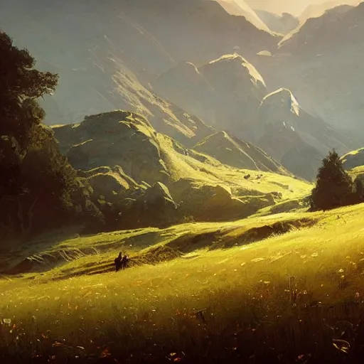 Image similar to summer meadow, hills, landscape, concept art, style of Greg Rutkowski,