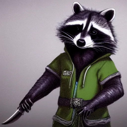 Prompt: a raccoon in a green, hooded rogue outfit holding dagger, trending on art station,