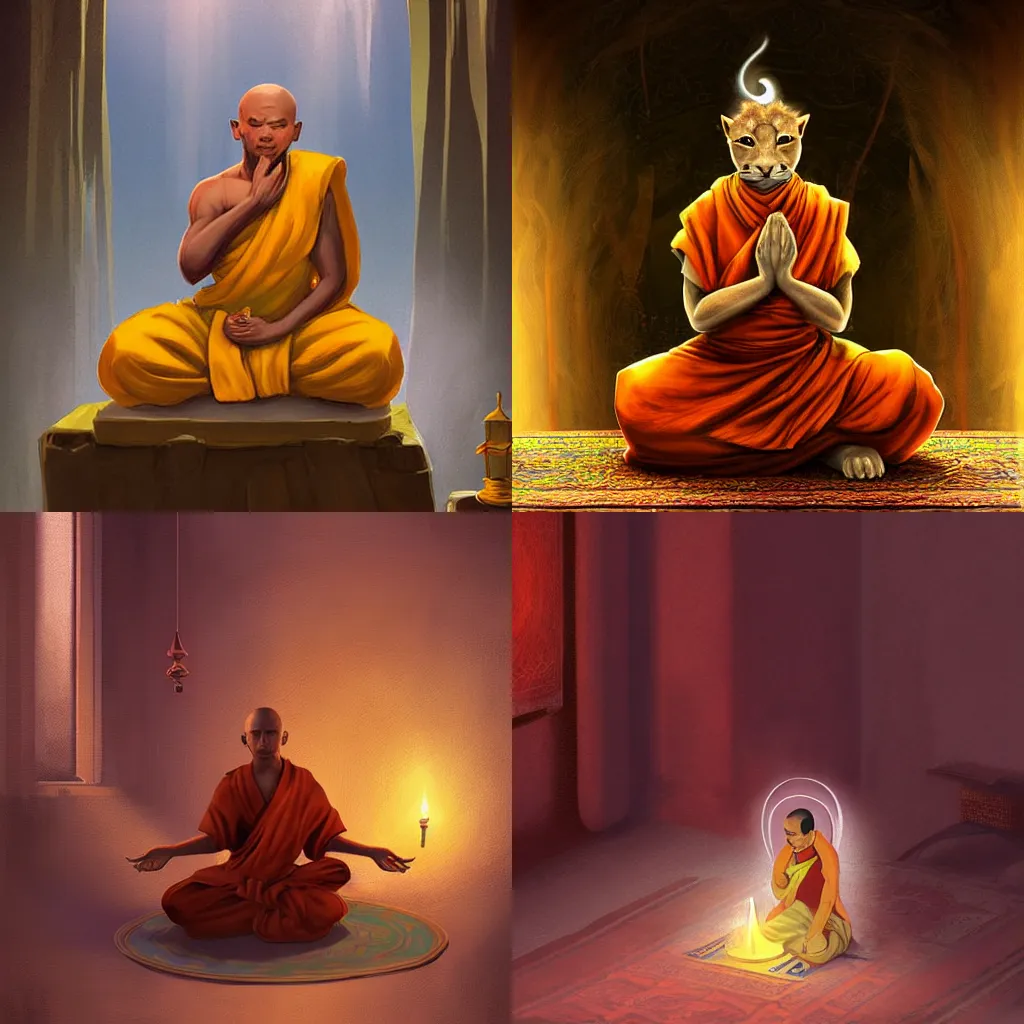 Prompt: a Tabaxi monk meditating over incense, digital art, warm lighting, WLOP