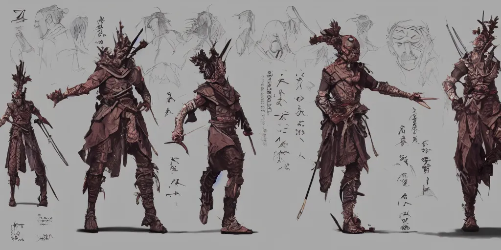 Image similar to bushido character design, character sheet, Moebius, Greg Rutkowski, Zabrocki, Karlkka, Jayison Devadas, Phuoc Quan, trending on Artstation, 8K, ultra wide angle, zenith view, pincushion lens effect