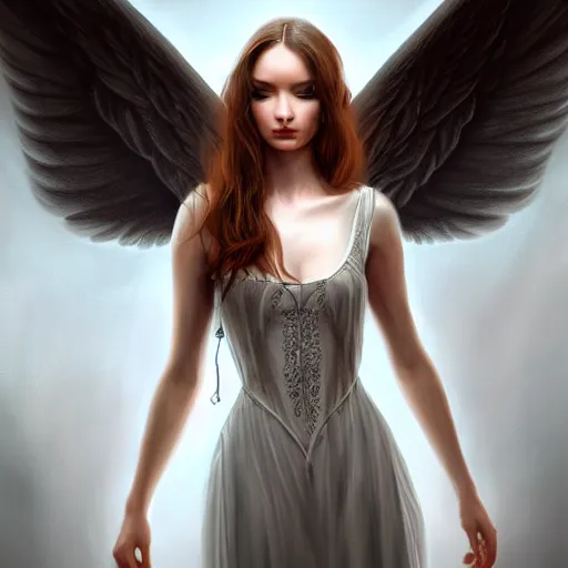 Prompt: perfectly - centered - portrait - photograph of fallen angel wearing a dress, the perfect human female specimen, intricate, elegant, super highly detailed, professional digital painting, artstation, concept art, smooth, sharp focus, no blur, no dof, extreme illustration, unreal engine 5, 8 k, by anne stokes