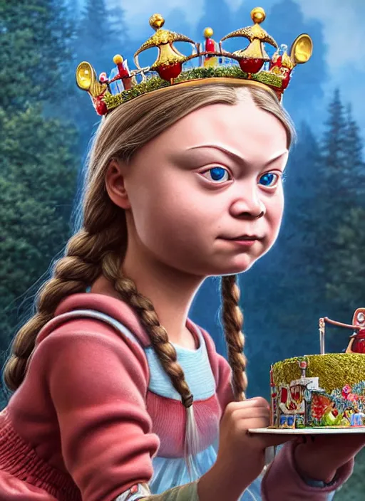 Image similar to highly detailed closeup, face profile portrait of greta thunberg as a tin toy fairytale princess wearing a crown eating cakes, bikini, unreal engine, nicoletta ceccoli, mark ryden, earl norem, lostfish, global illumination, detailed and intricate environment