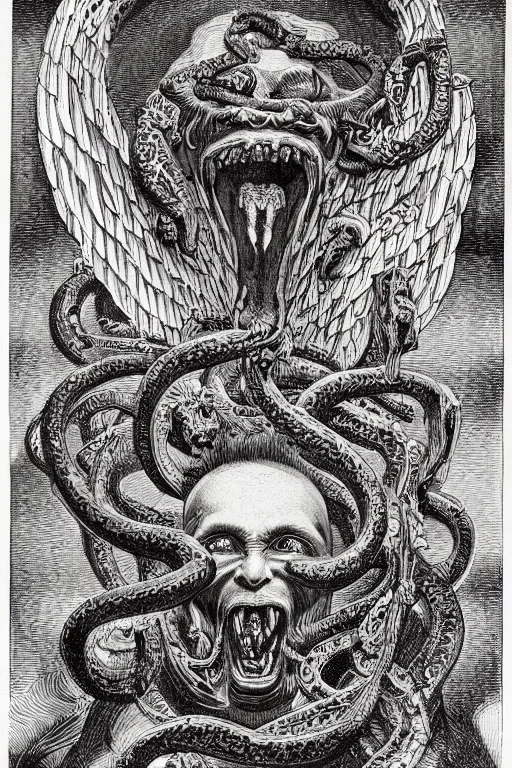 Image similar to very detailed ink drawing of a screaming head of an angel with snakes coming out from the eyesockets, surrounded by serpents by gustave dore, poster, fine art