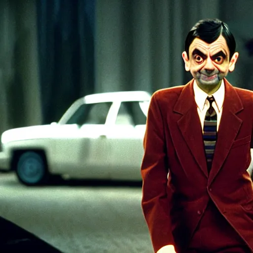 Prompt: mr. bean as one of charlies angels. movie still. cinematic lighting.