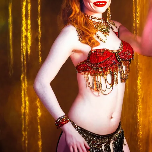 Image similar to a digital portrait of emma stone dressed as a belly dancer, arabian night, high quality, fully detailed, 4 k, in focus face with fine details