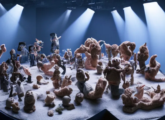 Image similar to detailed studio photography of a claymation diorama of kanye west hosting a party for chicken, zeiss lens, detailed, by erwin olaf, joop geesink, wes anderson, jim henson, brian froud, breathtaking, 8 k resolution, beautiful lighting, studio light, extremely detailed, establishing shot, realistic materials, hyperrealistic