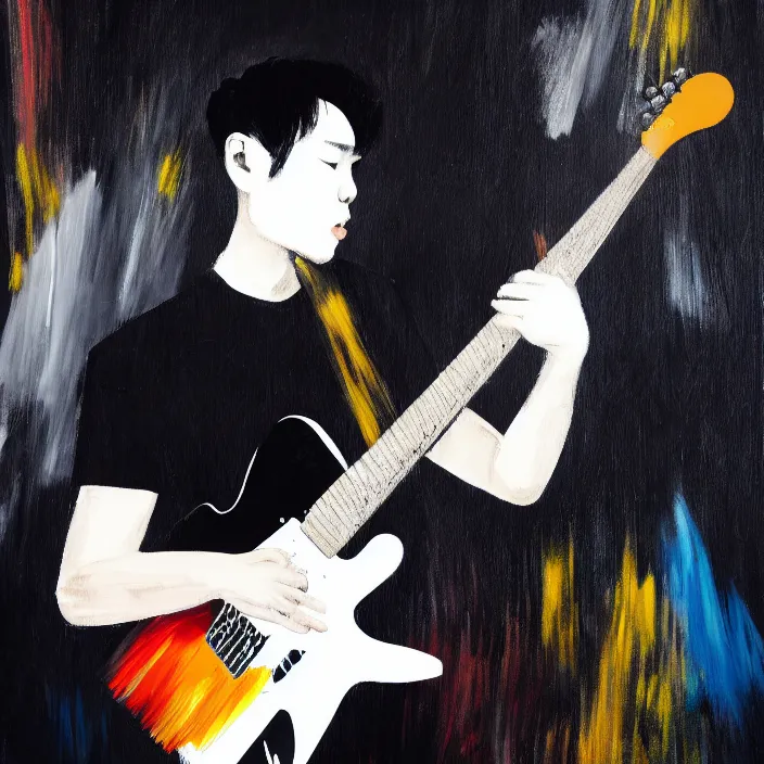 Image similar to large diagonal brush strokes, abstract dark painting of a young korean male musician wearing black tank top holding a telecaster!!! electric guitar!! in a dark room, white background, thick flowing dramatic brush strokes, matte colors, abstract, impressionist, motion, trending on artstation