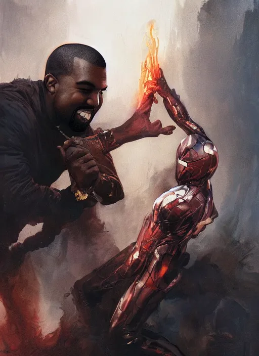 Prompt: Portrait of Kanye West defeating Pete Davidson, marvel comics, dark, intricate, highly detailed, smooth, artstation, digital illustration by Ruan Jia and Mandy Jurgens and Artgerm and Wayne Barlowe and Greg Rutkowski and Frank Frazetta