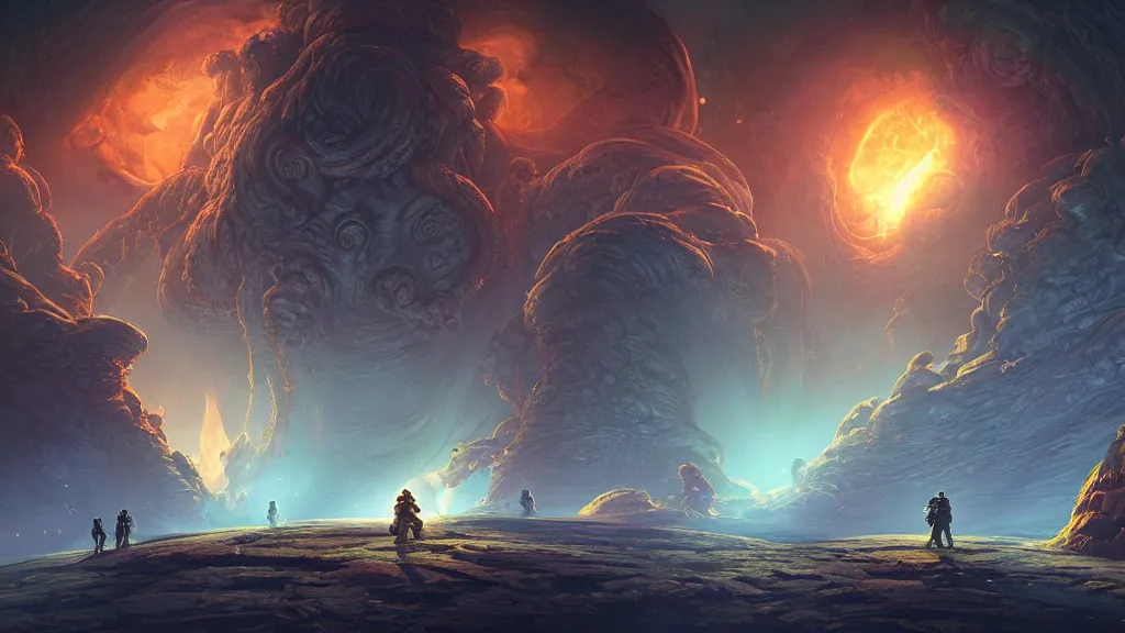 Prompt: Astronauts have a treasure with them, they are fighting with the giant Cthulhu that is hunting them, they have large blades, they are over the ring of the gas planet, this is an extravagant planet with wacky wildlife and some mythical animals, the background is full of nebulas and planets, the ambient is vivid and colorful with a terrifying atmosphere, by Jordan Grimmer digital art, trending on Artstation,