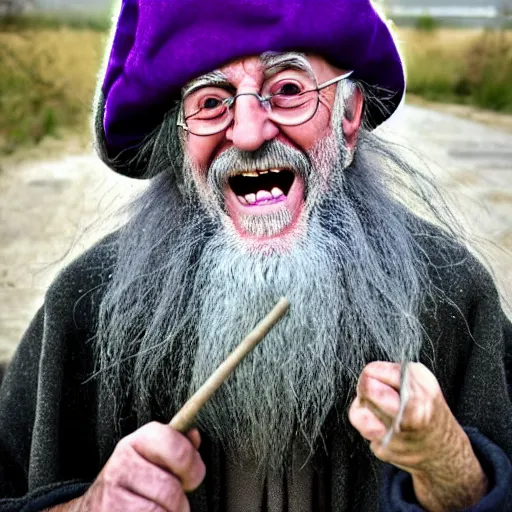 Prompt: a crazy old druid wizard, bald, bushy grey eyebrows, long grey hair, disheveled, wise old man, wearing a grey wizard hat, wearing a purple detailed coat, a bushy grey beard, yellow skin, holding a large wooden staff, sorcerer, he is a mad old man, laughing and yelling