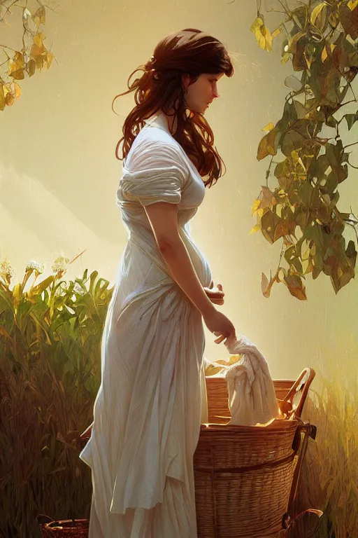 Image similar to rural pregnant woman doing laundry, portrait, elegant, intricate, digital painting, artstation, concept art, smooth, sharp focus, illustration, art by artgerm and greg rutkowski and alphonse mucha