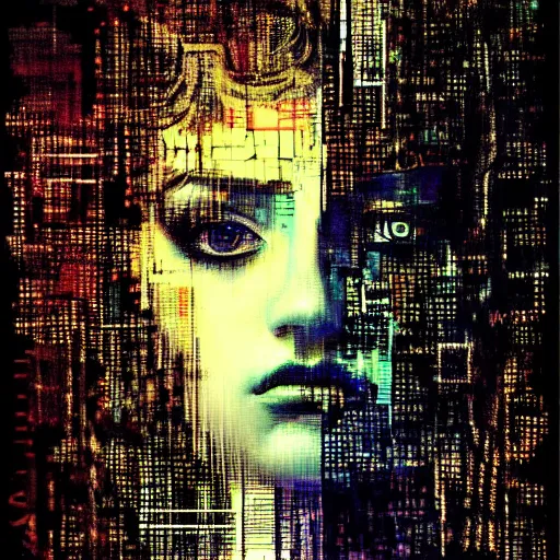 Prompt: portrait of a youthful beautiful women, mysterious, glitch effects over the eyes, shadows, by Guy Denning, by Johannes Itten, by Russ Mills, centered, glitch art, innocent, hacking effects, chromatic, cyberpunk, color blocking, digital art, concept art, abstract