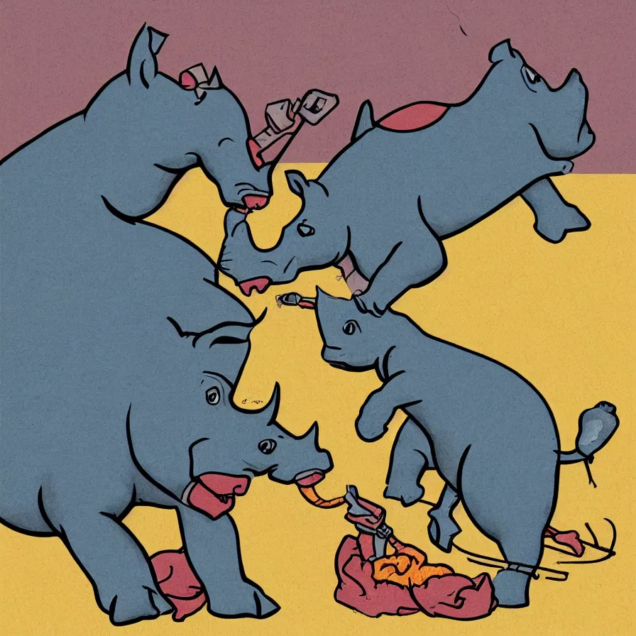 Prompt: a cartoon of a rhino performing brain surgery, lightly texural, saturated color scheme