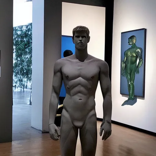 Image similar to “ a realistic detailed photo of a guy who is an attractive humanoid who is half robot and half humanoid, who is a male android, actor liam hemsworth, shiny skin, posing like a statue, blank stare, at the museum, on display ”