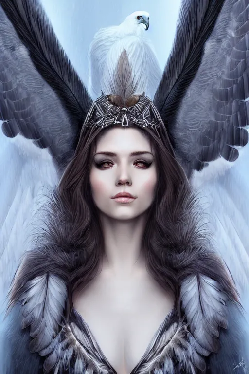 Prompt: head and shoulders portrait of a harpy, eagle wings, feathers, beautiful, female, magical, high fantasy, d & d, by artgerm, face details, extremely detailed, digital illustration