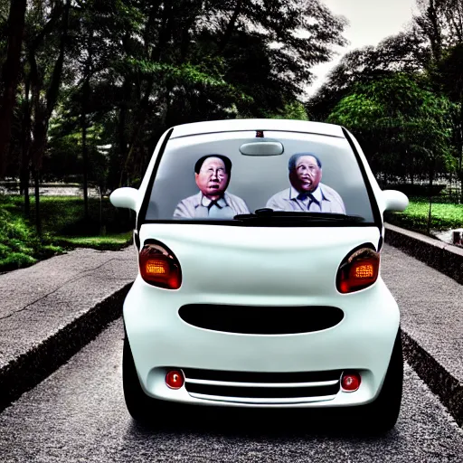 Prompt: mao zedong driving a smart car, 4 k, hyper realistic, dslr, high resolution, landscape, beautiful