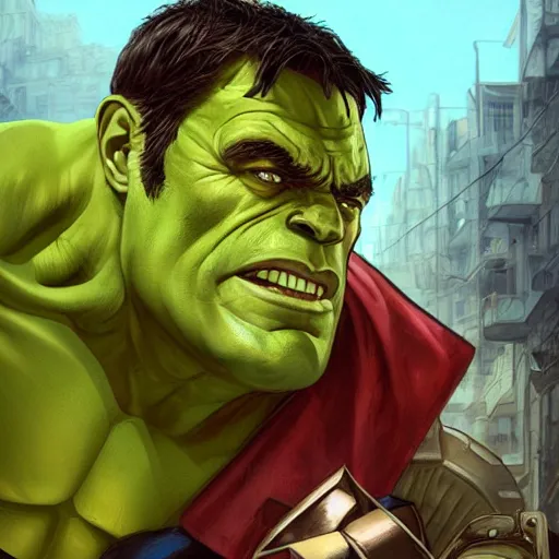 Prompt: [Don Quijote as The Hulk as GTA character, closeup, D&D, intricate, elegant, highly detailed, digital painting, artstation, concept art, matte, sharp focus, illustration, art by Artgerm and Greg Rutkowski and Alphonse Mucha and Enki Bilal]