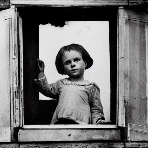 Image similar to an old photograph of a victorian child peering from a window in an abandoned mental asylum