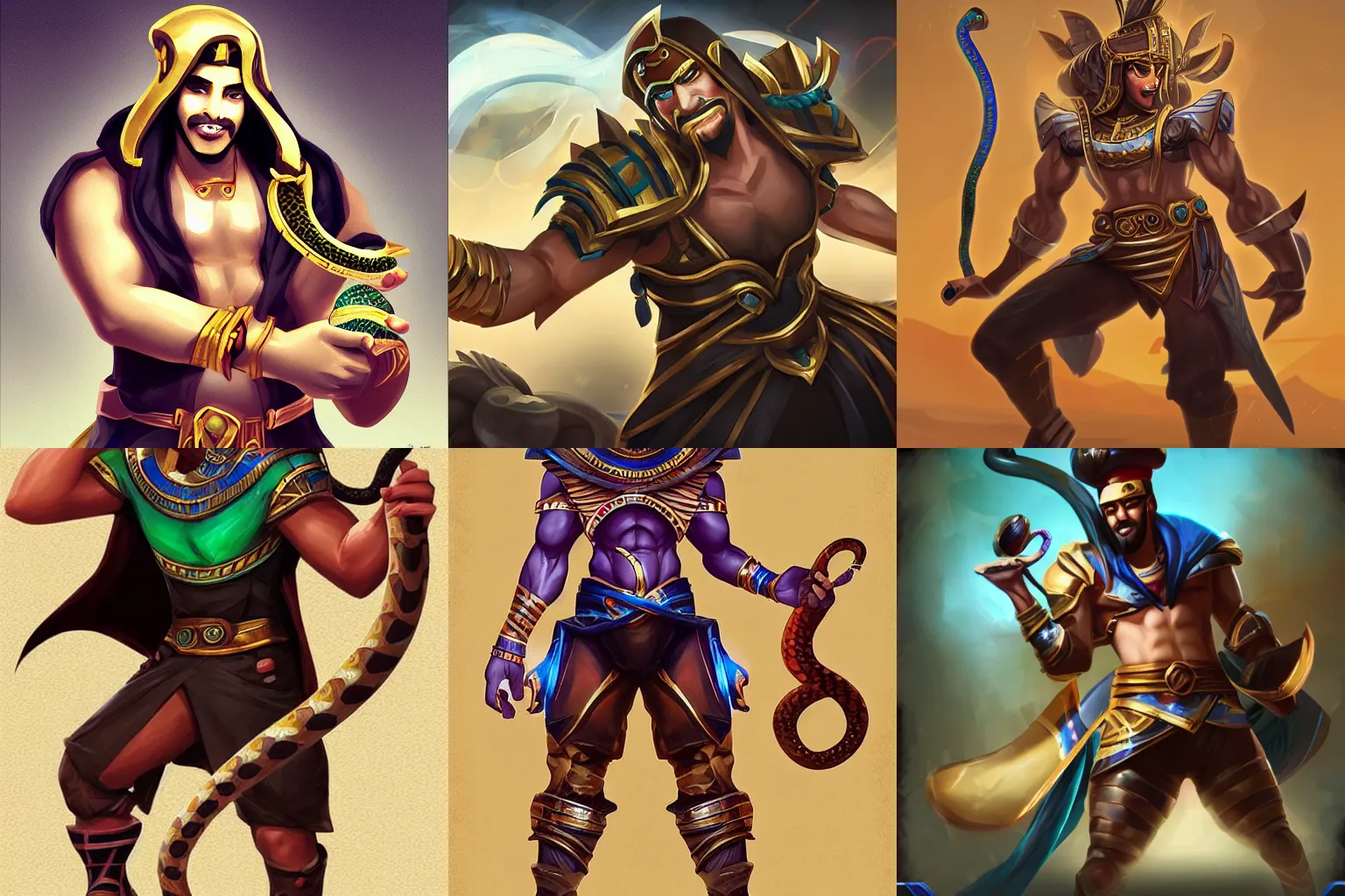 Prompt: an egyptian man holding a snake in the style of league of legends character concept art,