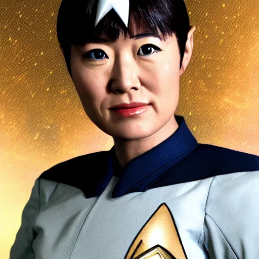 Image similar to portrait of the federation flight deck officer tanigawa yumiko, star trek universe, realistic photo