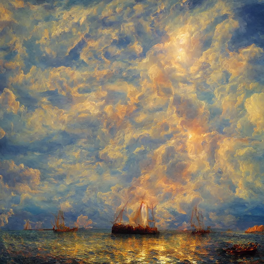 Prompt: 3d high relief painting of sea like jelly,Rainbow clouds like sheeps floating lightly in the air, Sailing ship,dreamy, soft , highly detailed, expressive impressionist style, in the style of Frederic Edwin Church