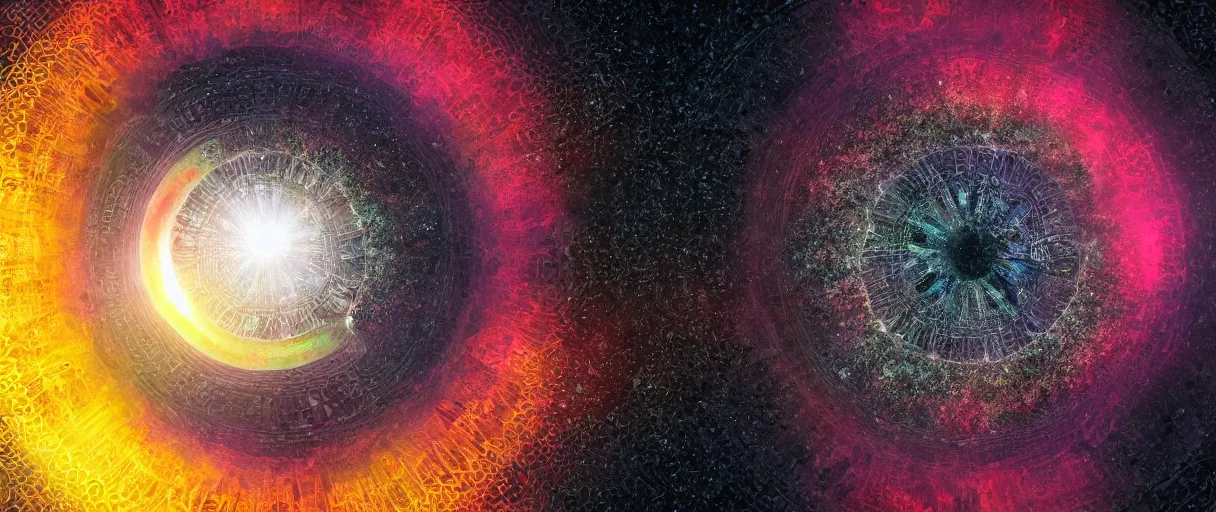 Image similar to realistic photo of a black hole in space, mandala art, volumetric, particles, physical, translucence, cinematic lighting, iridescence