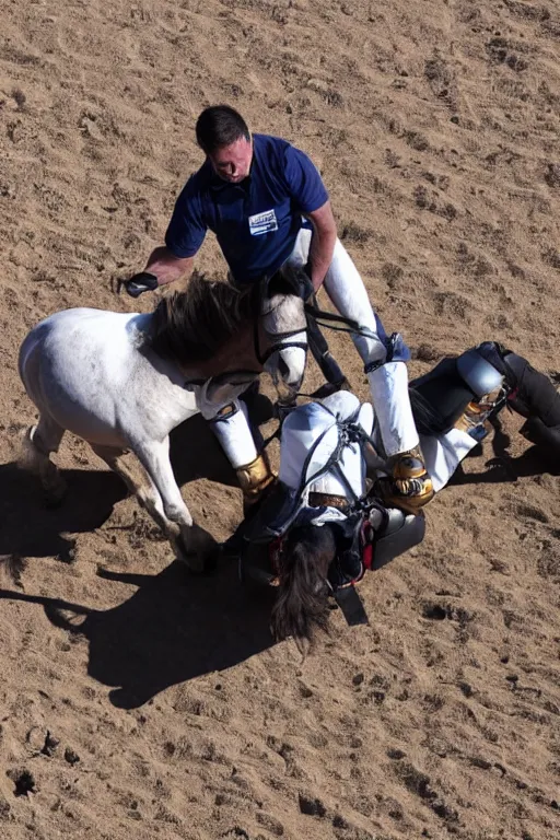 Image similar to horse wrestles astronaut on all fours on hands and knees in grappling in closed guard on mount position