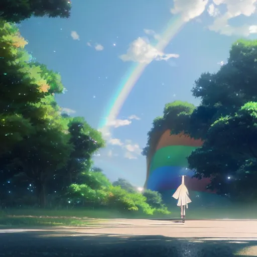 Image similar to rainbow wizard going to crossing a rainbow bridge, by Makoto Shinkai