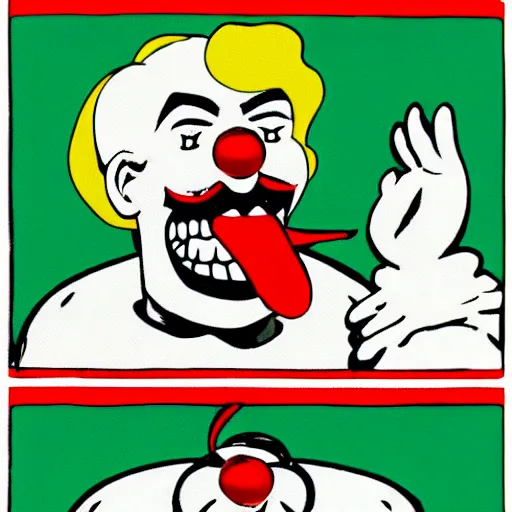 Image similar to evil fat clown eating hamburger