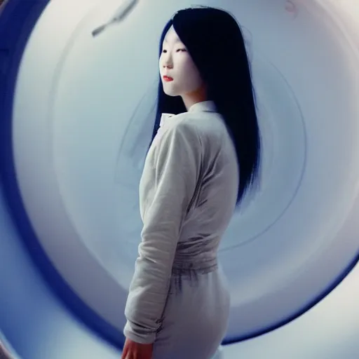 Prompt: a korean woman with long black hair and grey / black futuristic metallic clothing floating in zero - gravity in a spaceship with a white and blue futuristic interior. orange lighting, kodak film grain, expired film