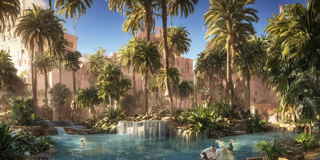 Image similar to beautiful oasis waterfalls surrounded by palm trees, Moroccan tile archways, date trees, ivory towers, sun setting, ross tran, nephilim, pyroclastic flow, ethereal, fantasy, James Jean, oozium, peter morbacher, angelarium, alchemy, luxury, heavenly light, Soft illumination, Trending on artstation, Cinematic Lighting, digital painting, octane render, artgerm