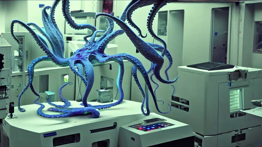 Image similar to a complex mri 3 d printer machine making colorful mutant octopus forms and control panels in the laboratory inspection room, film still from the movie directed by denis villeneuve with art direction by salvador dali, wide lens