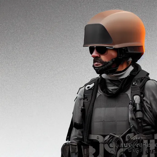 Image similar to futuristic insurgent wearing black helmet glossy visor, brown cloak, technical vest with tubing, and a backpack, photorealistic, digital art , red tint