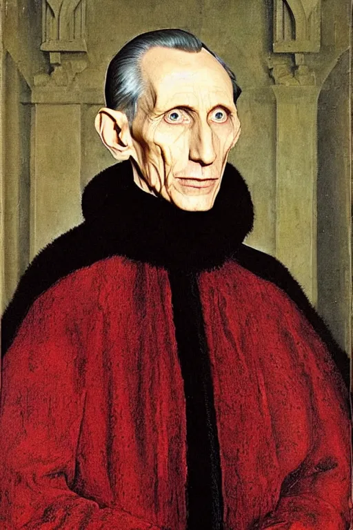 Prompt: portrait of grand moff tarkin as a sith lord, oil painting by jan van eyck, northern renaissance art, oil on canvas, wet - on - wet technique, realistic, expressive emotions, intricate textures, illusionistic detail