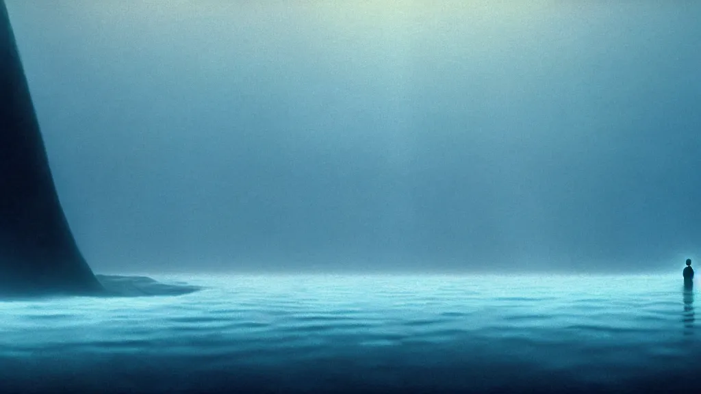 Image similar to the glowing human on the bottom of the ocean, film still from the movie directed by Denis Villeneuve with art direction by Zdzisław Beksiński, wide lens