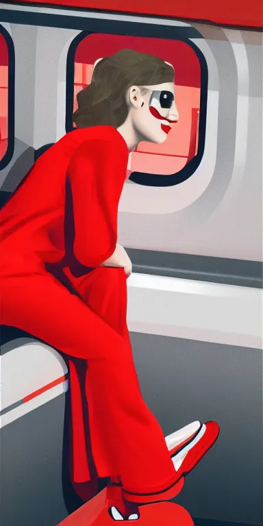 Prompt: portrait of a pretty woman sitting on the train, wearing a red jumpsuit, a red domino mask, and red platform shoes, digital art, highly detailed, 4 k