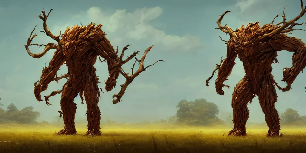 Prompt: Bipedal hulking creature made of wood, leaves and branches standing in the middle of the field. In style of Greg Rutkowski, Jesper Ejsing, Makoto Shinkai, trending on ArtStation, fantasy, great composition, concept art, highly detailed, scenery, 8K, Behance.