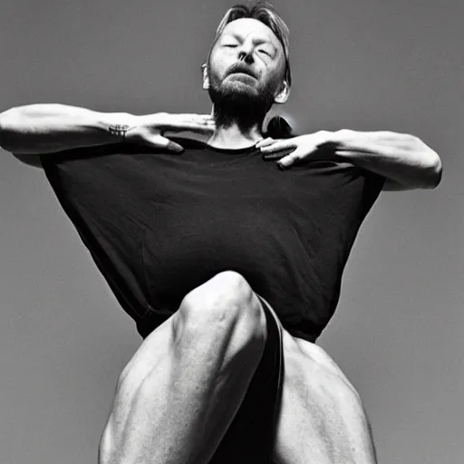 Prompt: 35mm photo of Thom Yorke with massive muscles posing for some puppies, full body view