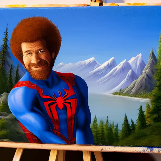 Image similar to a closeup photorealistic photograph of bob ross working on a canvas painting of spiderman. film still. brightly lit scene. mountains and trees. this 4 k hd image is trending on artstation, featured on behance, well - rendered, extra crisp, features intricate detail, epic composition and the style of unreal engine.