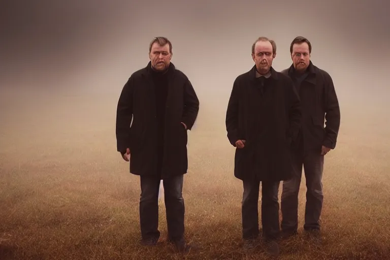 Prompt: a cinematic headshot portrait of a pair of twin middle aged males stood in a fog filled field, ultra realistic, depth, beautiful lighting