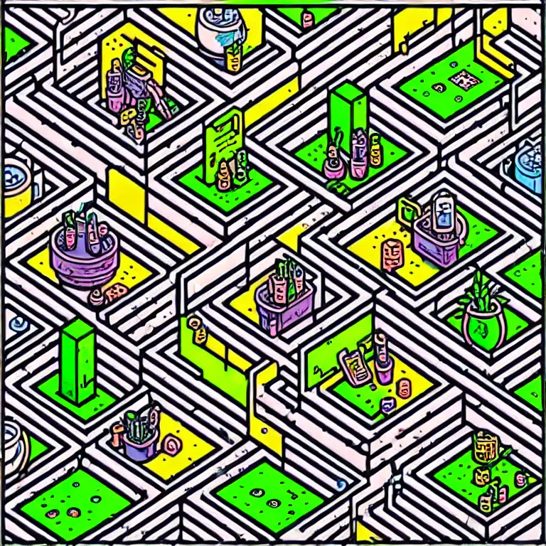 Image similar to an absurdly-detailed isometric cyberpunk alleyway colored-pen drawing as a fancy square tile. Cats and Robots and Potted-Plants.