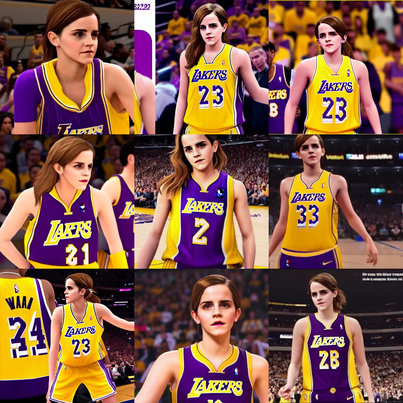 Prompt: emma watson wearing a lakers jersey in nba 2 k 2 2, ps 4, promotional image