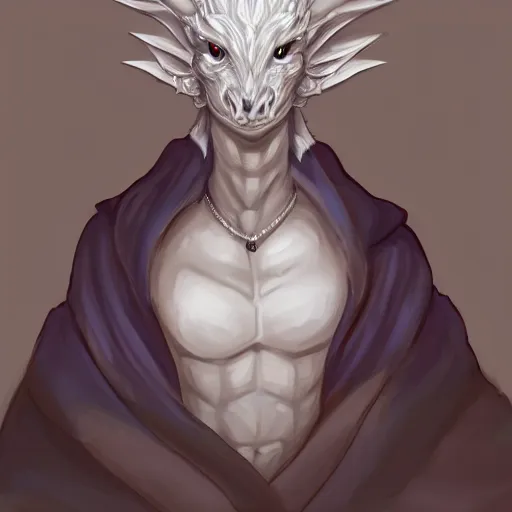 Prompt: very very beautiful half body portrait of a handsome young anthropomorphic silver dragon, soft draconic features, cute large eyes, male, wearing a luxurious silk cloak, commission on furaffinity, artstation, high quality digital art, warm colors
