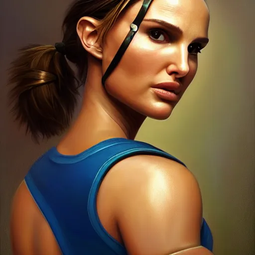 Prompt: Portrait of Natalie Portman as Lara Croft wearing a blue skater dress, Tomb Raider, Alicia Vikander, beautiful, 4k oil on linen by wlop, artgerm, andrei riabovitchev, nuri iyem, james gurney, james jean, highly detailed, soft lighting 8k resolution, intricate, elegant, highly detailed, digital painting, artstation, concept art, smooth, sharp focus, illustration, art by artgerm and Ruan Jia and Rembrandt and greg rutkowski and alphonse mucha and andrei riabovitchev and craig mullins