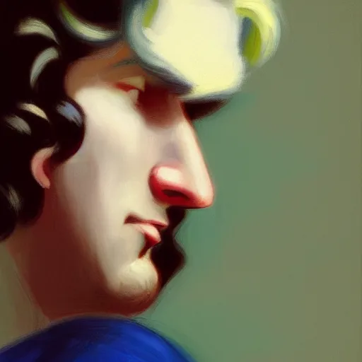 Prompt: A beautiful close-up of a young white-haired man with very long curly hair, dressed like in the 1940s, digital art by Edward Hopper, vibrant color scheme, highly detailed, in the style of romanticism, fine Art, high detail, great lighting, 8k resolution, masterpiece, concept art, illustration, clear eyes, soft lighting, soft details, painting oil on canvas, octane render, HDR, trending on artstation, 4k, 8k, HD